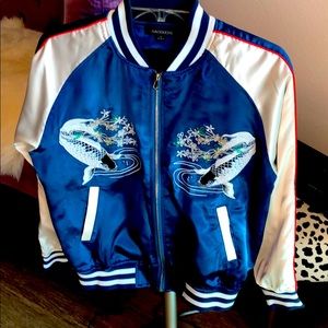 Satin bomber jacket blue with koi fish embroidery